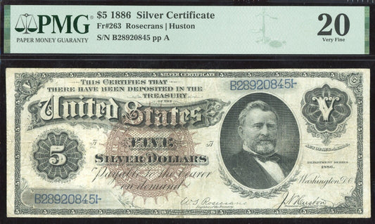 1886 $5 Silver Certificate FR.263 Rosecrans Huston PMG 20 Large Brown Seal