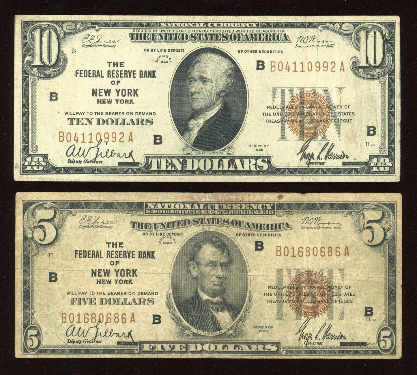 "RARE" Set 1929 Federal Reserve Bank of NEW YORK $5 $10 $20 $50 $100 Brown Seal