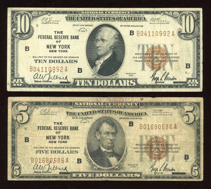 "RARE" Set 1929 Federal Reserve Bank of NEW YORK $5 $10 $20 $50 $100 Brown Seal
