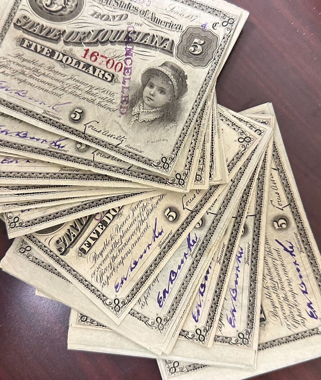 1874 $5 Five Dollars State Of  Louisiana “BABY BOND” Currency Note