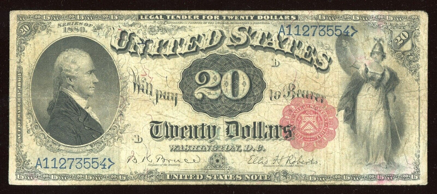1880 $20 Dollar “HAMILTON” Legal Tender Note Red Seal Blue Serial RARE