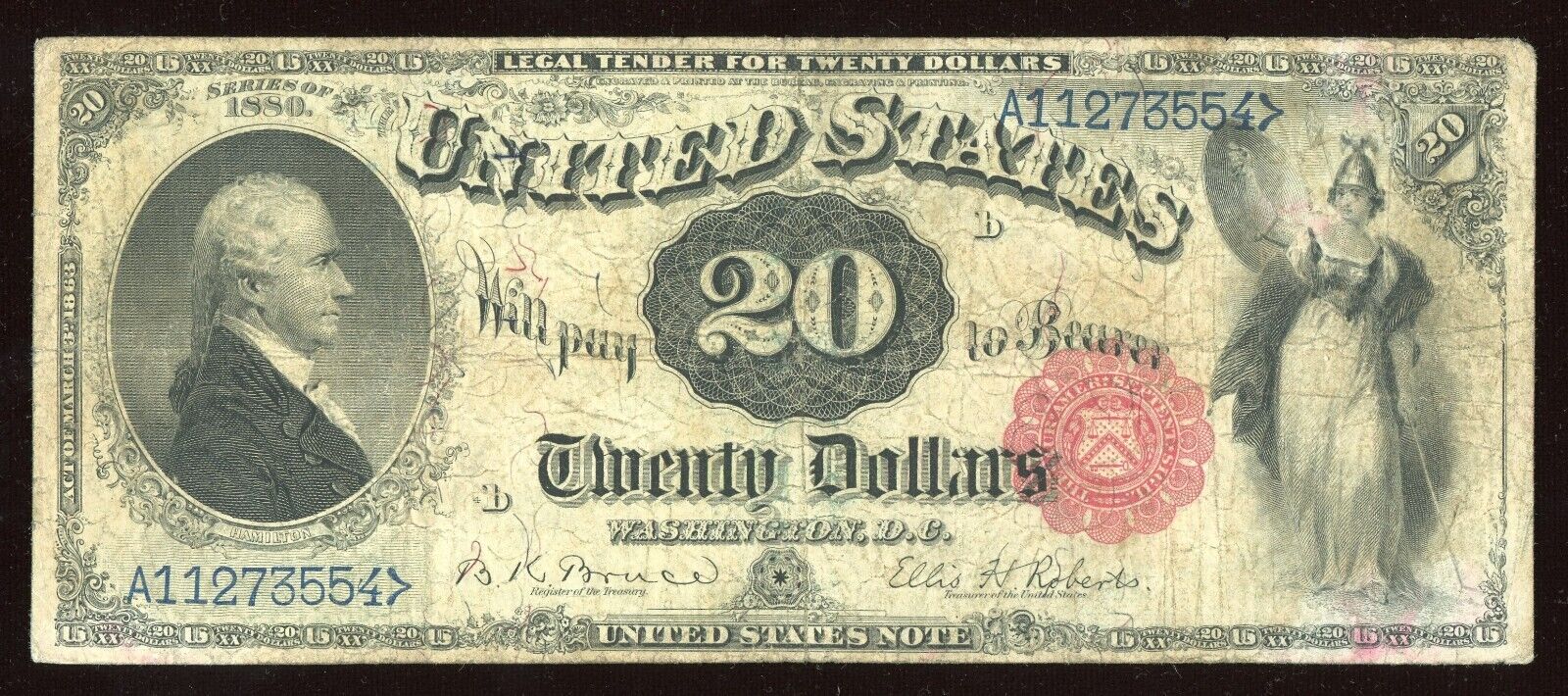 1880 $20 Dollar “HAMILTON” Legal Tender Note Red Seal Blue Serial RARE