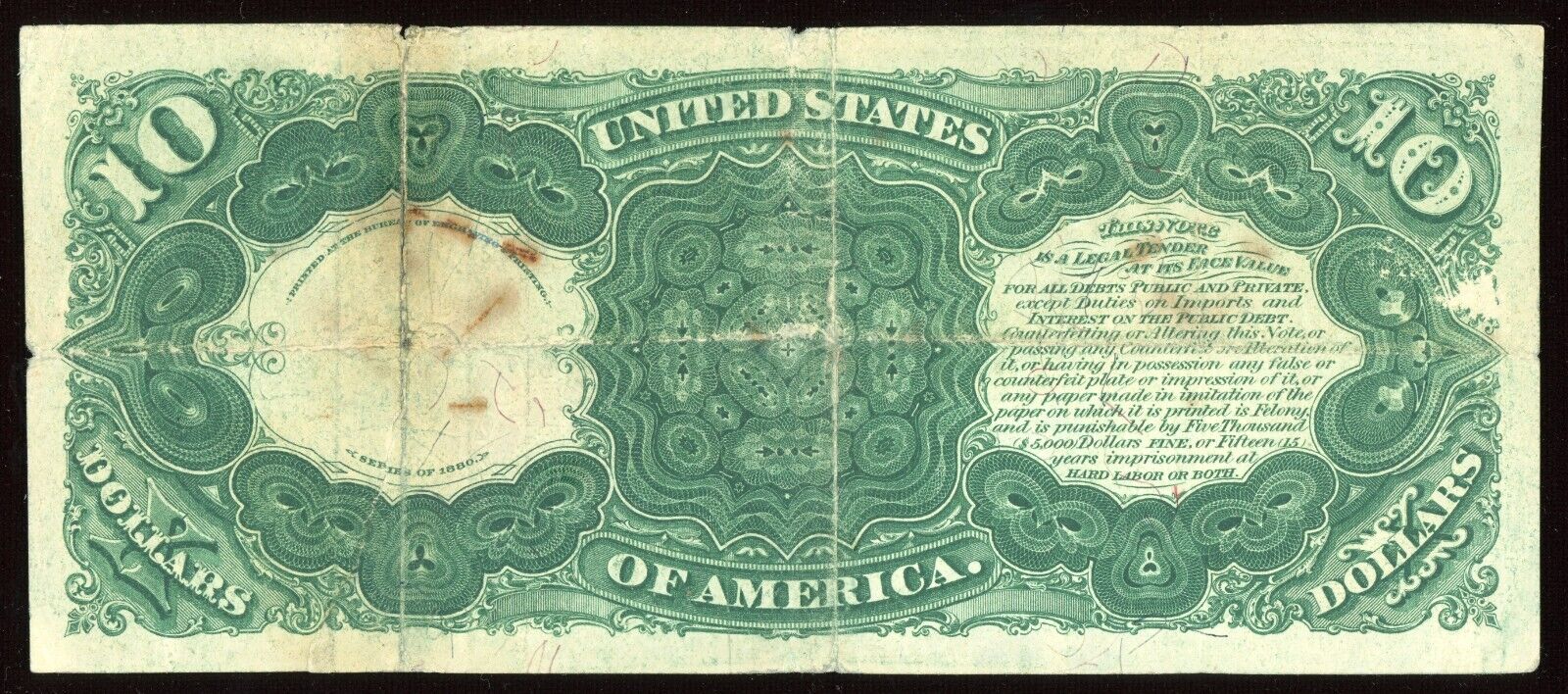 1880 $10 Ten Dollar “JACKASS” Legal Tender Note