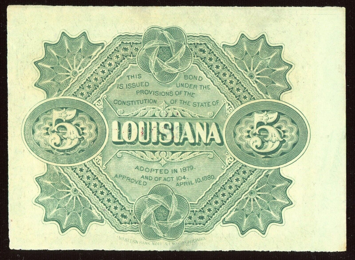 1874 $5 Five Dollars State Of  Louisiana “BABY BOND” Currency Note