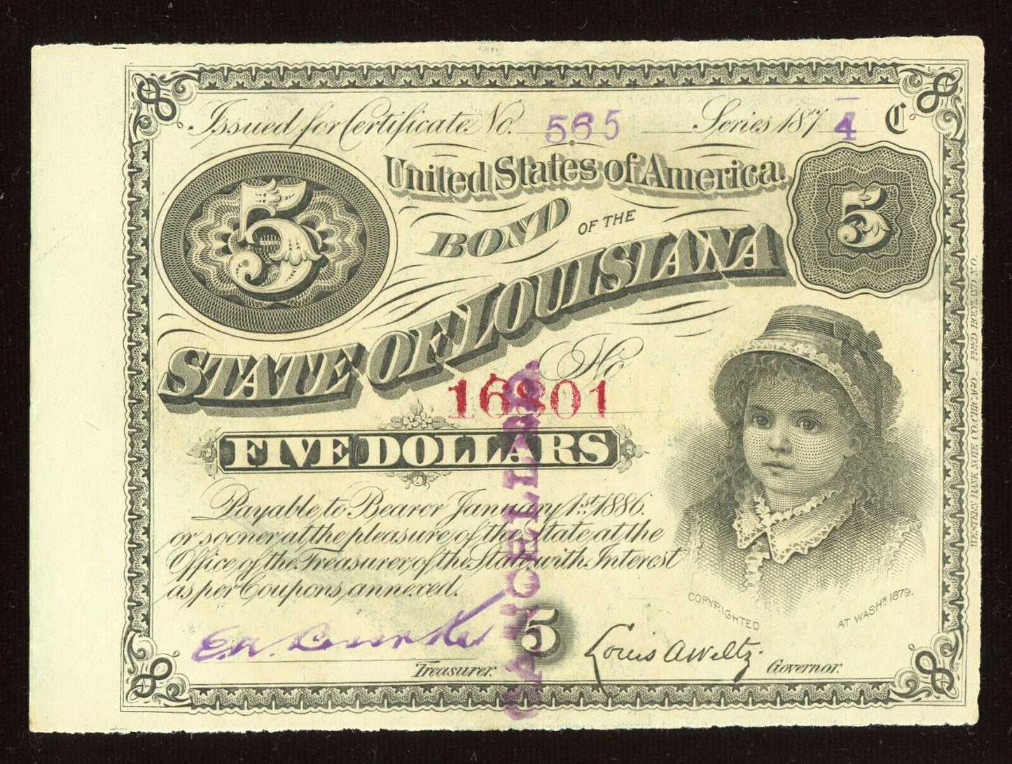 1874 $5 Five Dollars State Of  Louisiana “BABY BOND” Currency Note