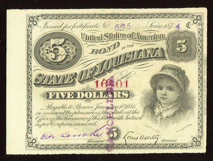 1874 $5 Five Dollars State Of  Louisiana “BABY BOND” Currency Note
