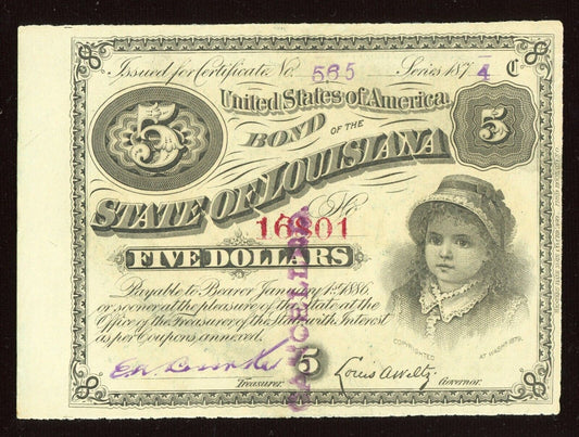 1874 $5 Five Dollars State Of  Louisiana “BABY BOND” Currency Note