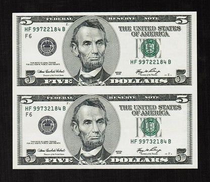 Subject Sheet of 2 Uncut Rare No Design $5 Dollar Bills Series 2006