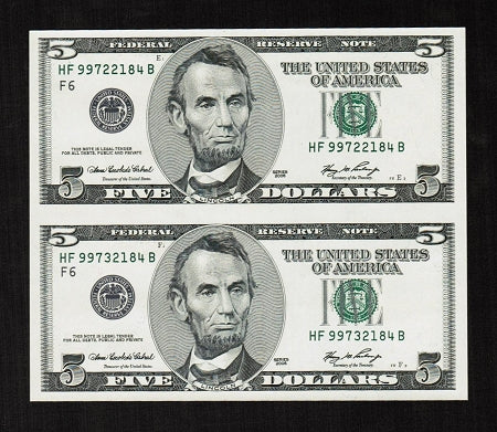 Subject Sheet of 2 Uncut Rare No Design $5 Dollar Bills Series 2006