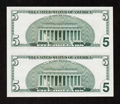 Subject Sheet of 2 Uncut Rare No Design $5 Dollar Bills Series 2006