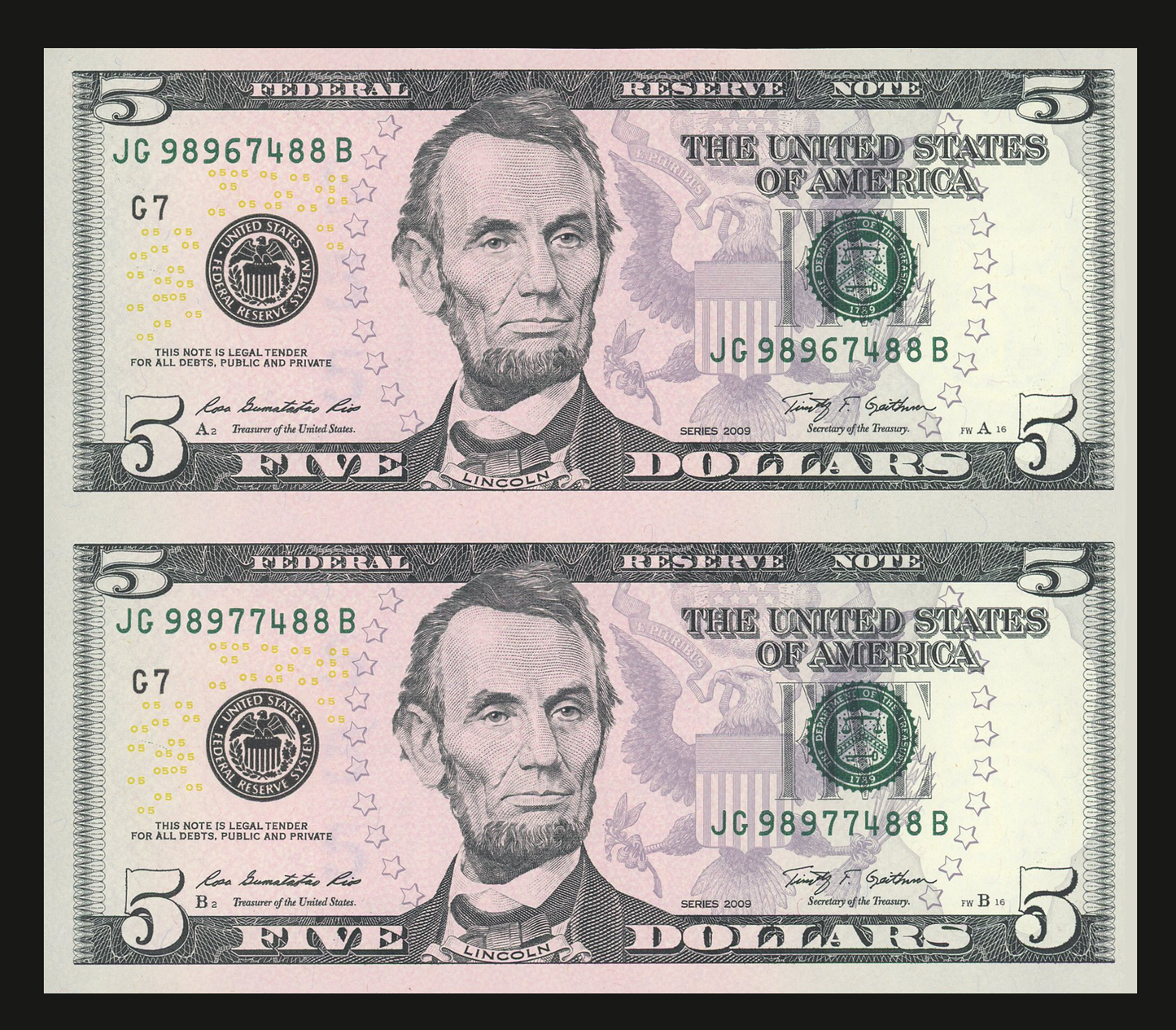 Uncut sheet of 2 $5 Bills Series 2021 Crisp Real Connected US Paper money