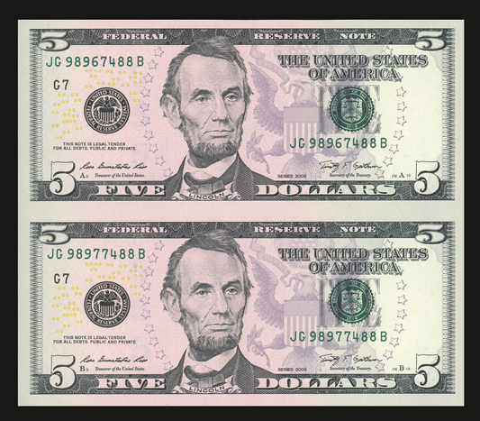 Uncut sheet of 2 $5 Bills Series 2021 Crisp Real Connected US Paper money