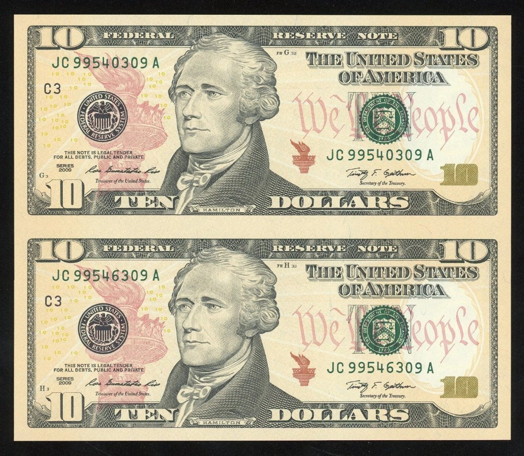 Uncut sheet of 2 $10 Bills Series 2009 Crisp Real Connected US Paper money