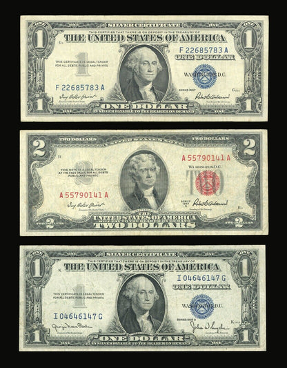 Set of Old US Paper Money and  Silver Certificates, $1 1957, $1 1935, $2 1953 Red Seal (Select your Condition)