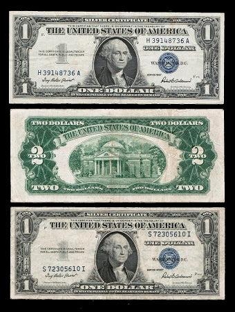 Set of Old US Paper Money and Silver Certificates, $1 1957, $1 1935, $2 1963 Red Seal (Select your Condition)