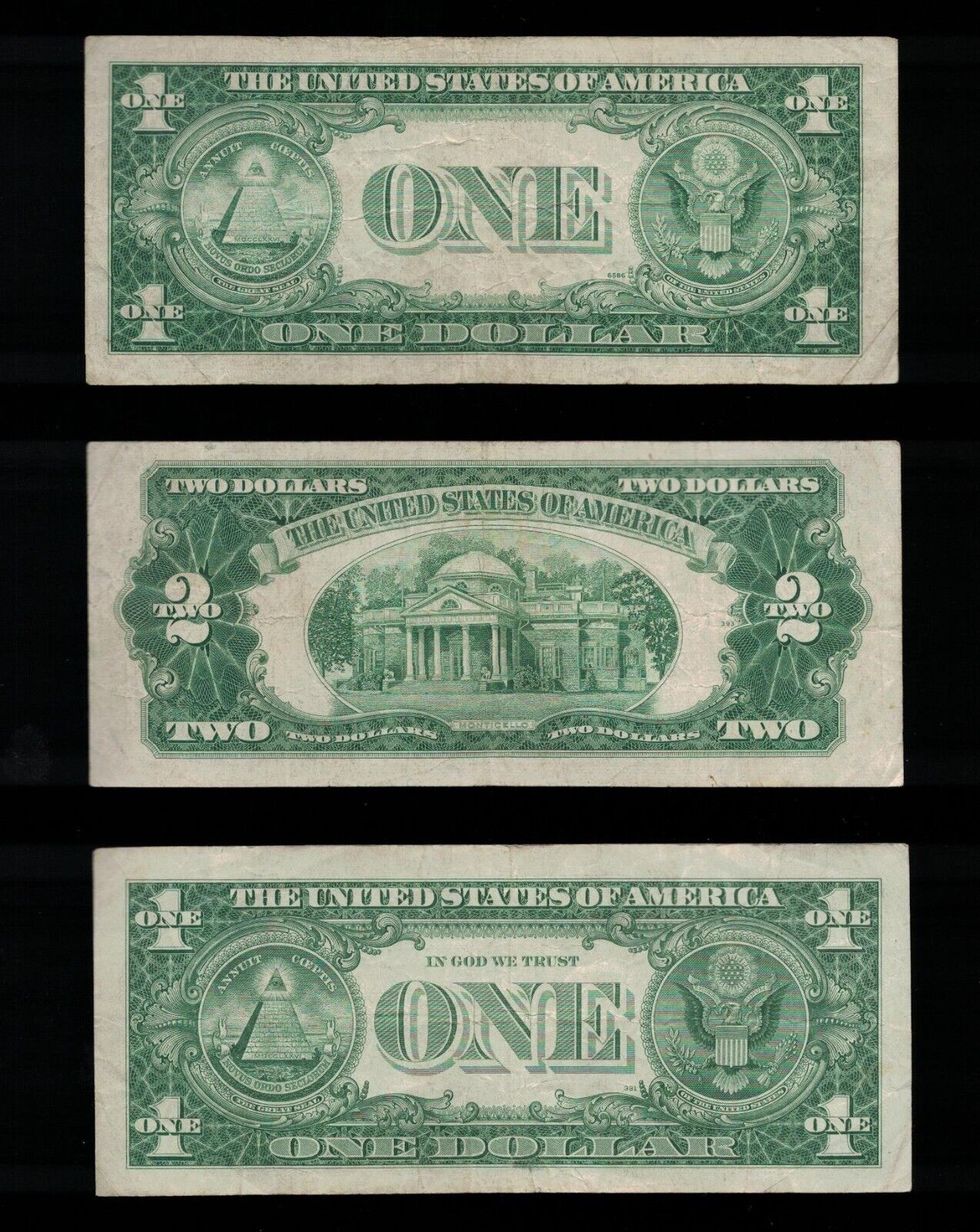 Set of Old US Paper Money and  Silver Certificates, $1 1957, $1 1935, $2 1953 Red Seal (Select your Condition)