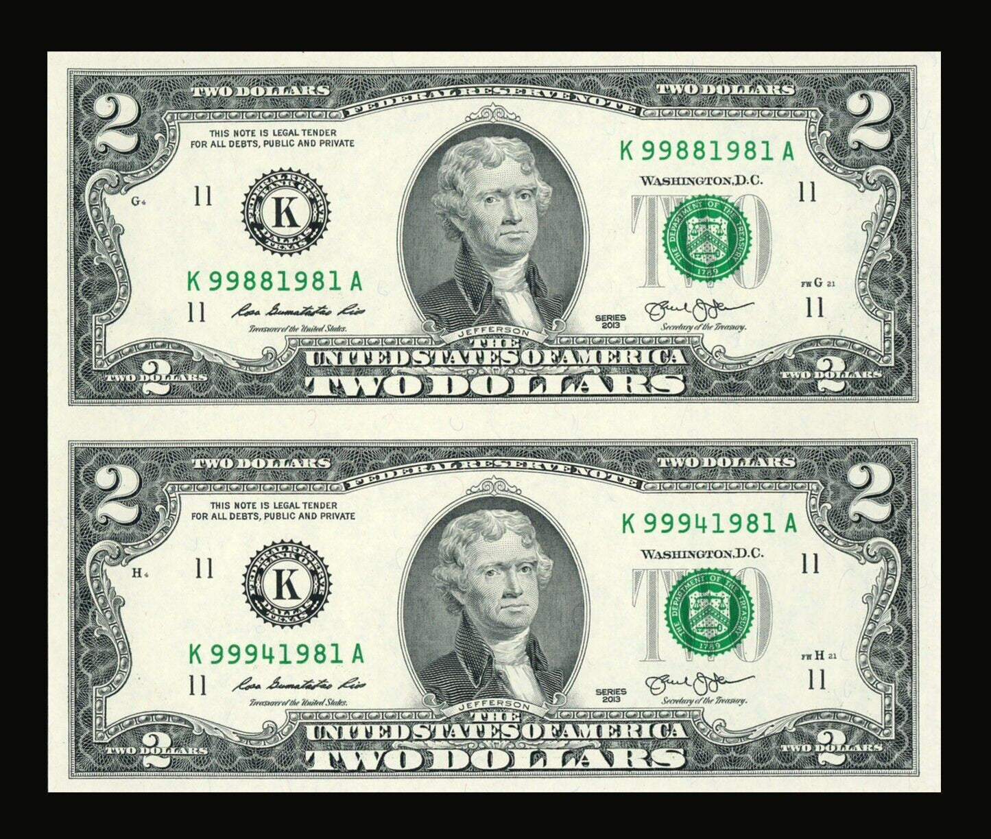 Uncut sheet of 2 $2 Bills Series 2013 Crisp Real Connected US Paper money