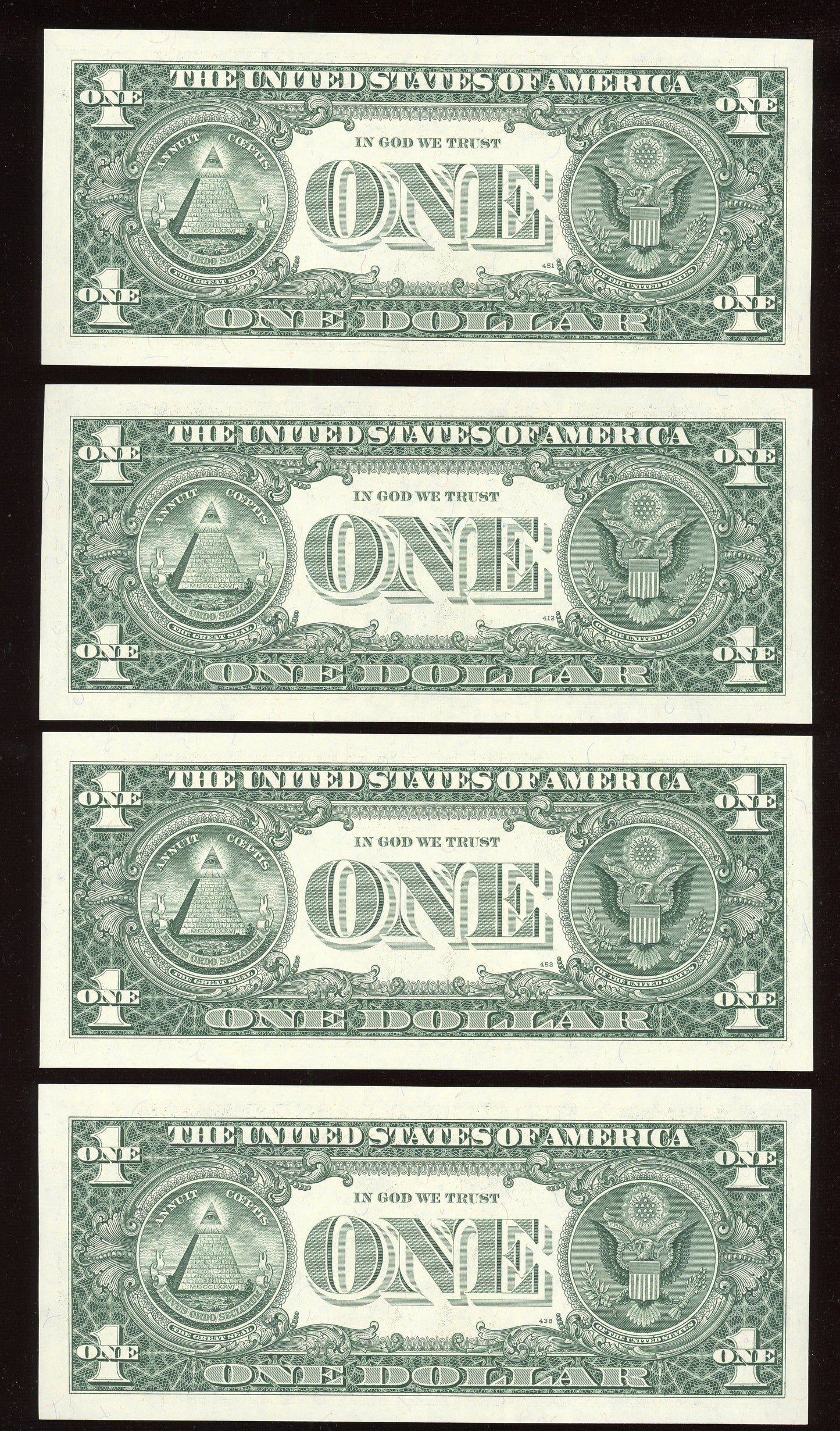 Beautiful Set of 4 Consecutive Crisp Fancy Low Serial 1988 $1 Notes