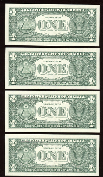 Beautiful Set of 4 Consecutive Crisp Fancy Low Serial 1988 $1 Notes