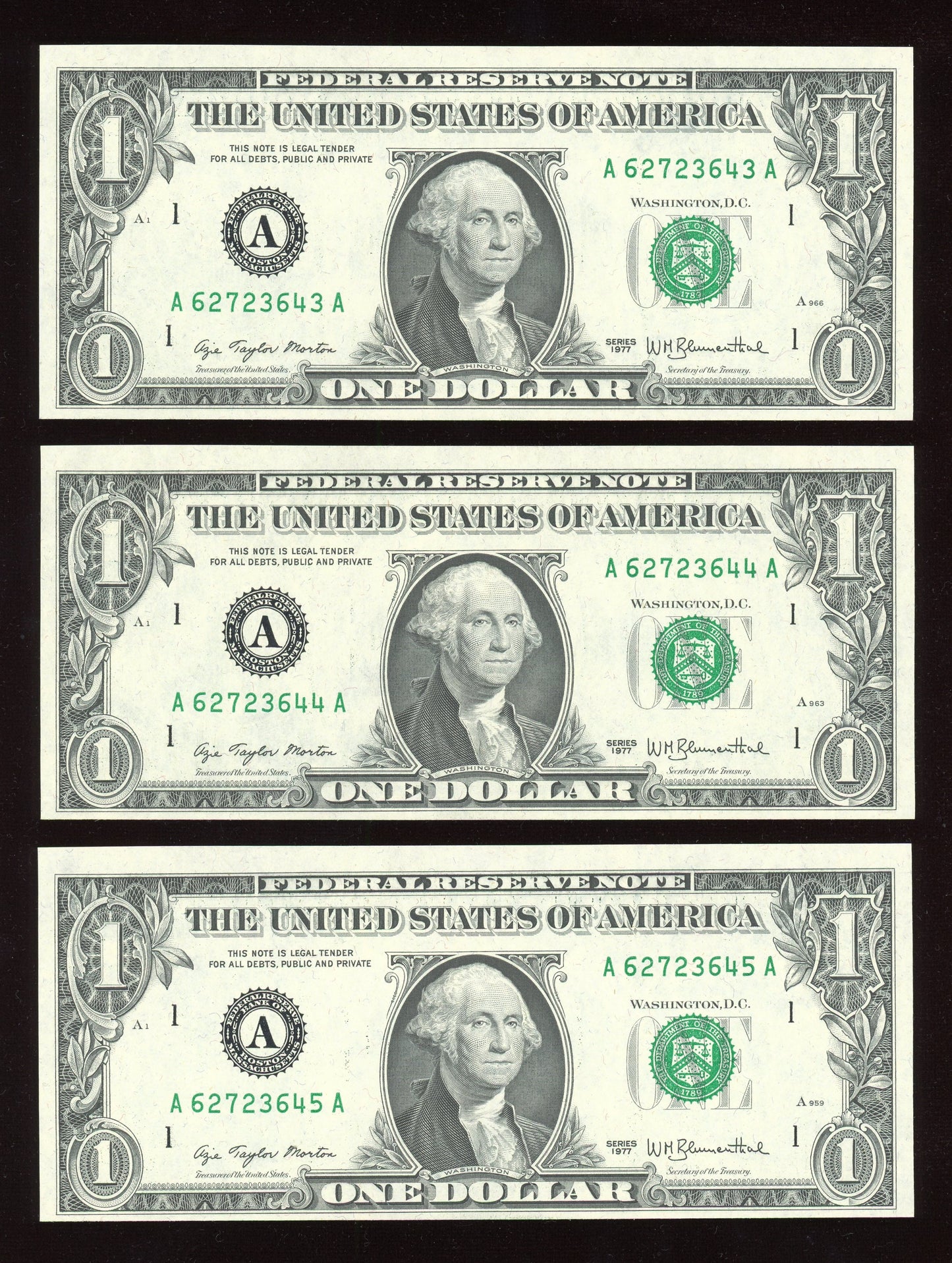 Beautiful Set of 3 Consecutive Crisp 1977 $1 Notes