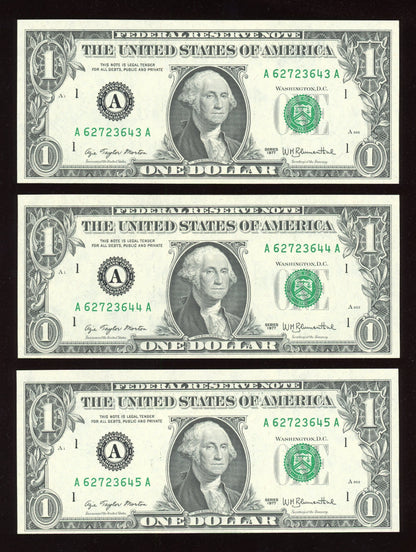 Beautiful Set of 3 Consecutive Crisp 1977 $1 Notes