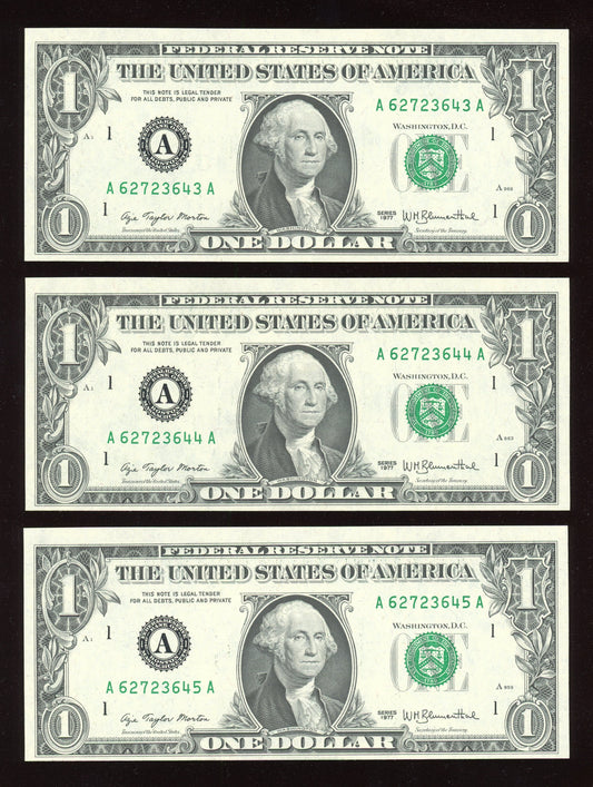 Beautiful Set of 3 Consecutive Crisp 1977 $1 Notes
