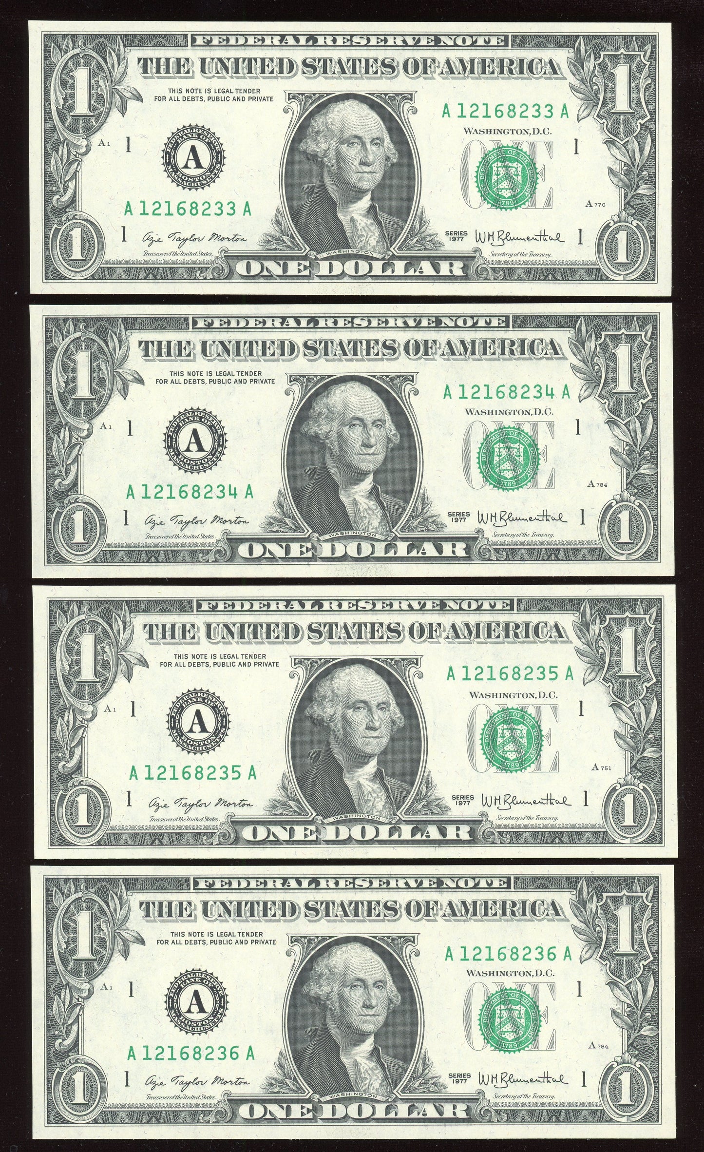 Beautiful Set of 4 Crisp Consecutive  Serial 1977 $1 Notes