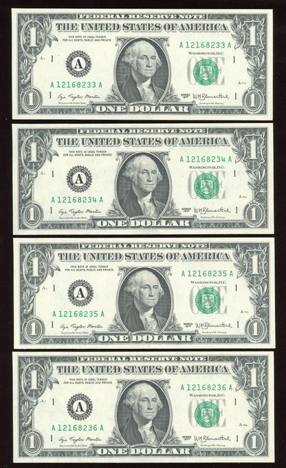 Beautiful Set of 4 Crisp Consecutive  Serial 1977 $1 Notes