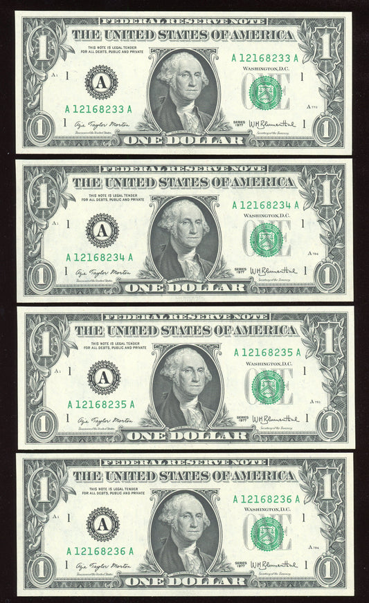 Beautiful Set of 4 Crisp Consecutive  Serial 1977 $1 Notes