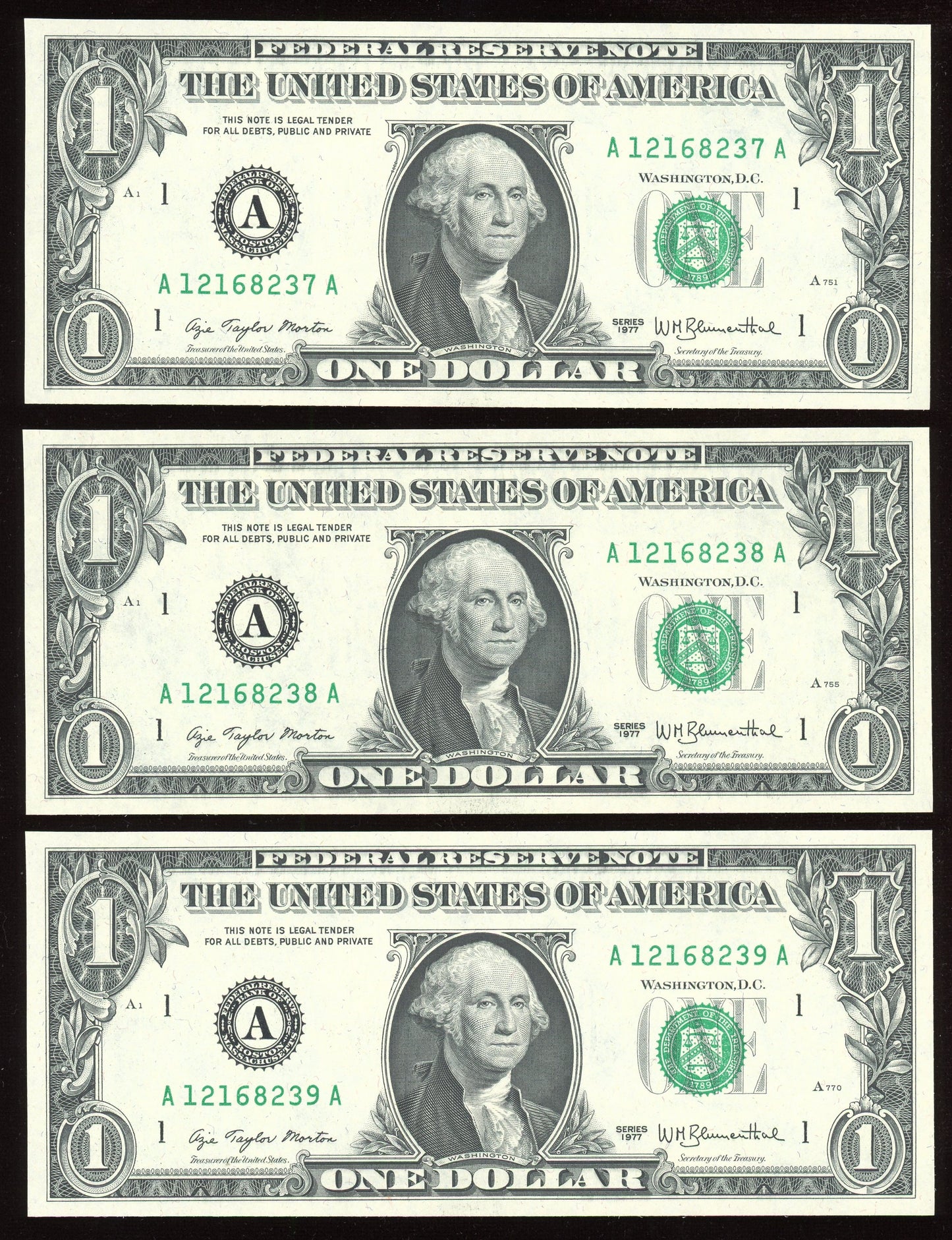 Beautiful Set of 4 Crisp Consecutive  Serial 1977 $1 Notes
