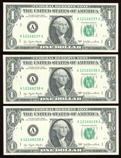 Beautiful Set of 4 Crisp Consecutive  Serial 1977 $1 Notes