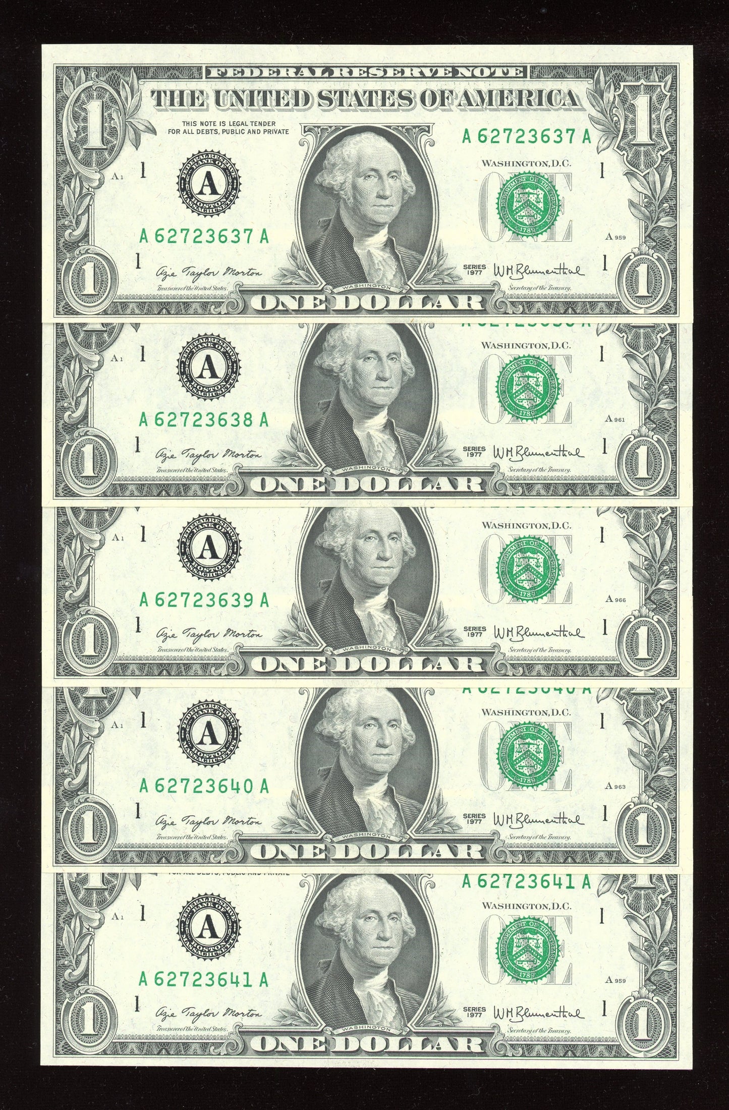 Beautiful Set of 5 Consecutive Serial 1977 $1 Notes