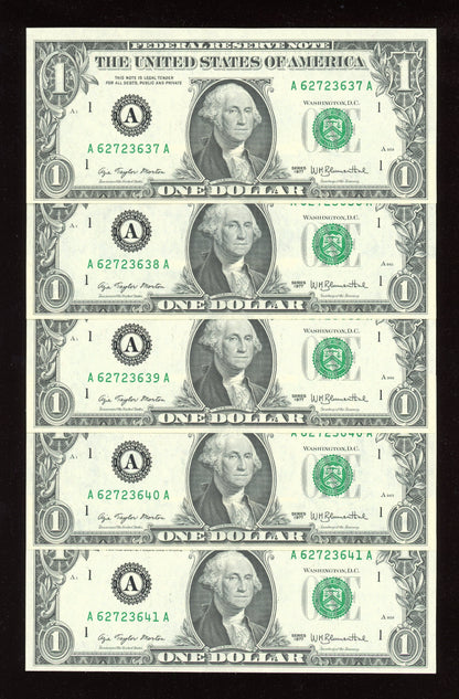 Beautiful Set of 5 Consecutive Serial 1977 $1 Notes
