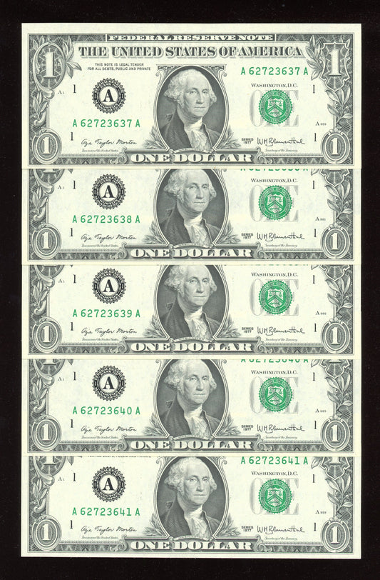 Beautiful Set of 5 Consecutive Serial 1977 $1 Notes
