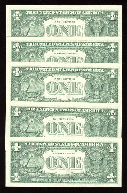 Beautiful Set of 5 Consecutive Serial 1977 $1 Notes
