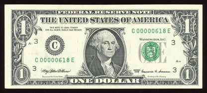 Beautiful AU Fancy Low Serial 1999 $1 Note