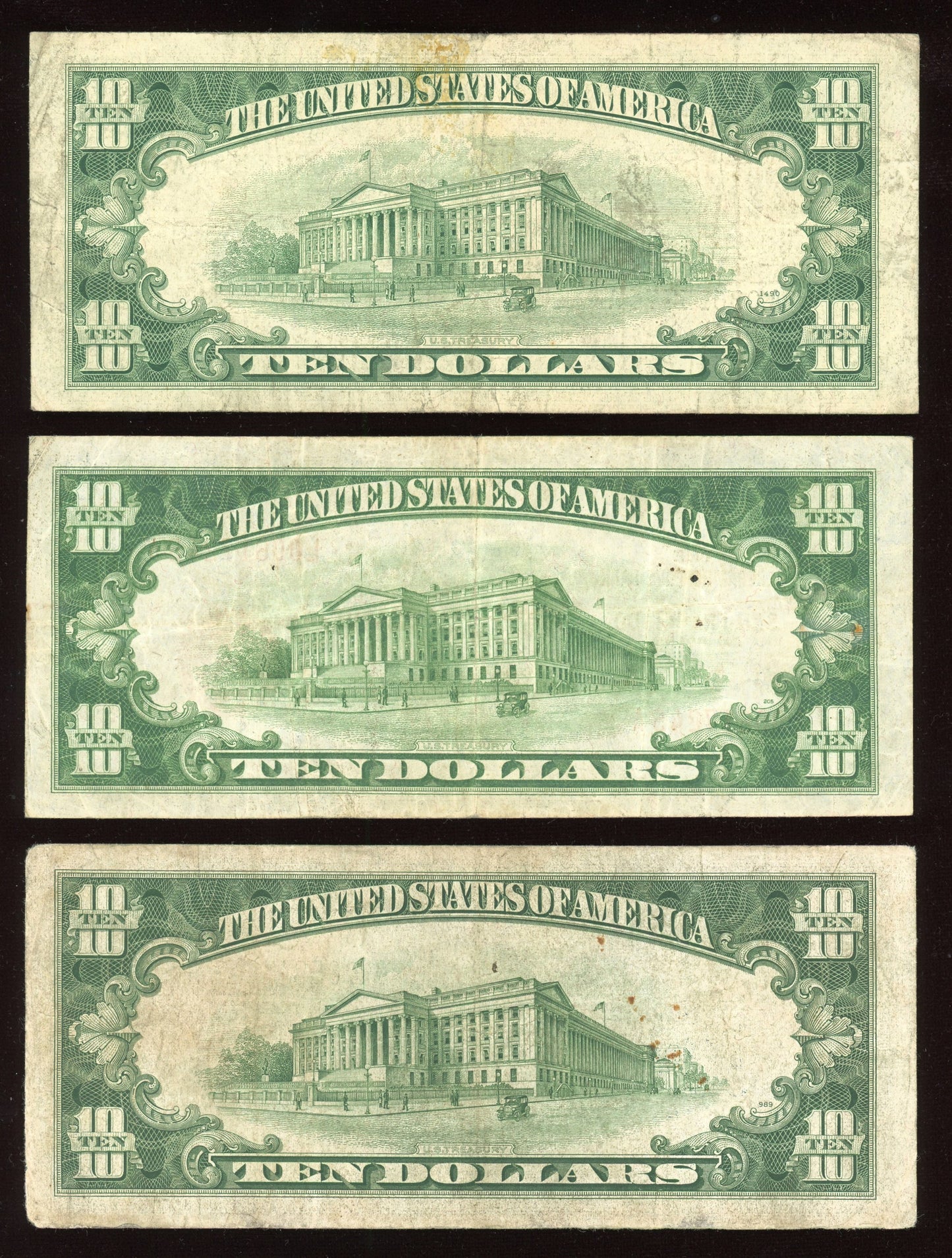 RARE Set of Tens $10 1929 FR Brown Seal $10 1953 Silver certificate  Blue Seal $10 1934 Yellow Seal