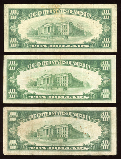 RARE Set of Tens $10 1929 FR Brown Seal $10 1953 Silver certificate  Blue Seal $10 1934 Yellow Seal