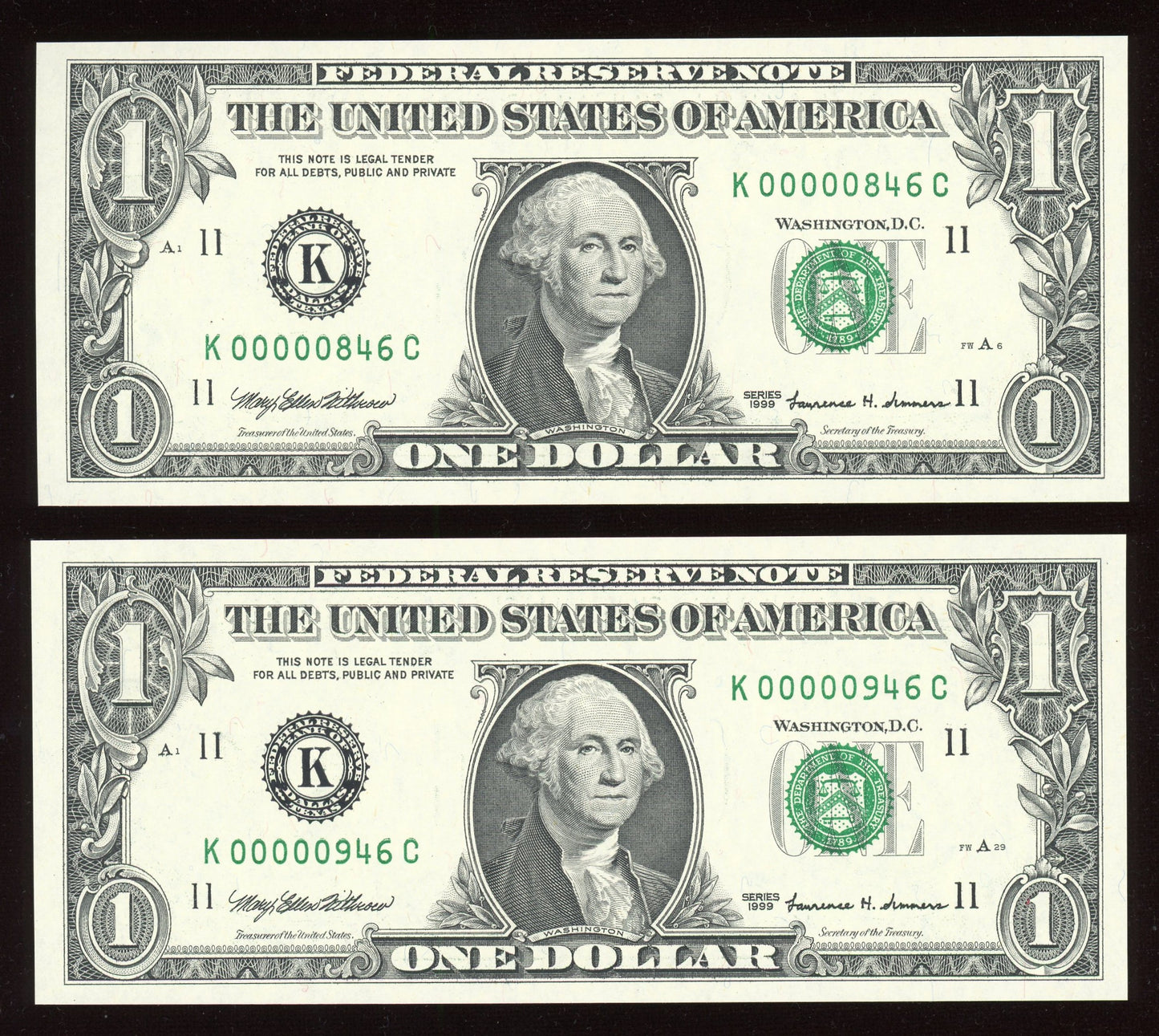 Beautiful Set of Two Crisp Uncirculated Fancy Low Serial 1999 $1 Notes 00000XXX