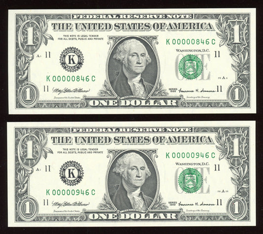 Beautiful Set of Two Crisp Uncirculated Fancy Low Serial 1999 $1 Notes 00000XXX