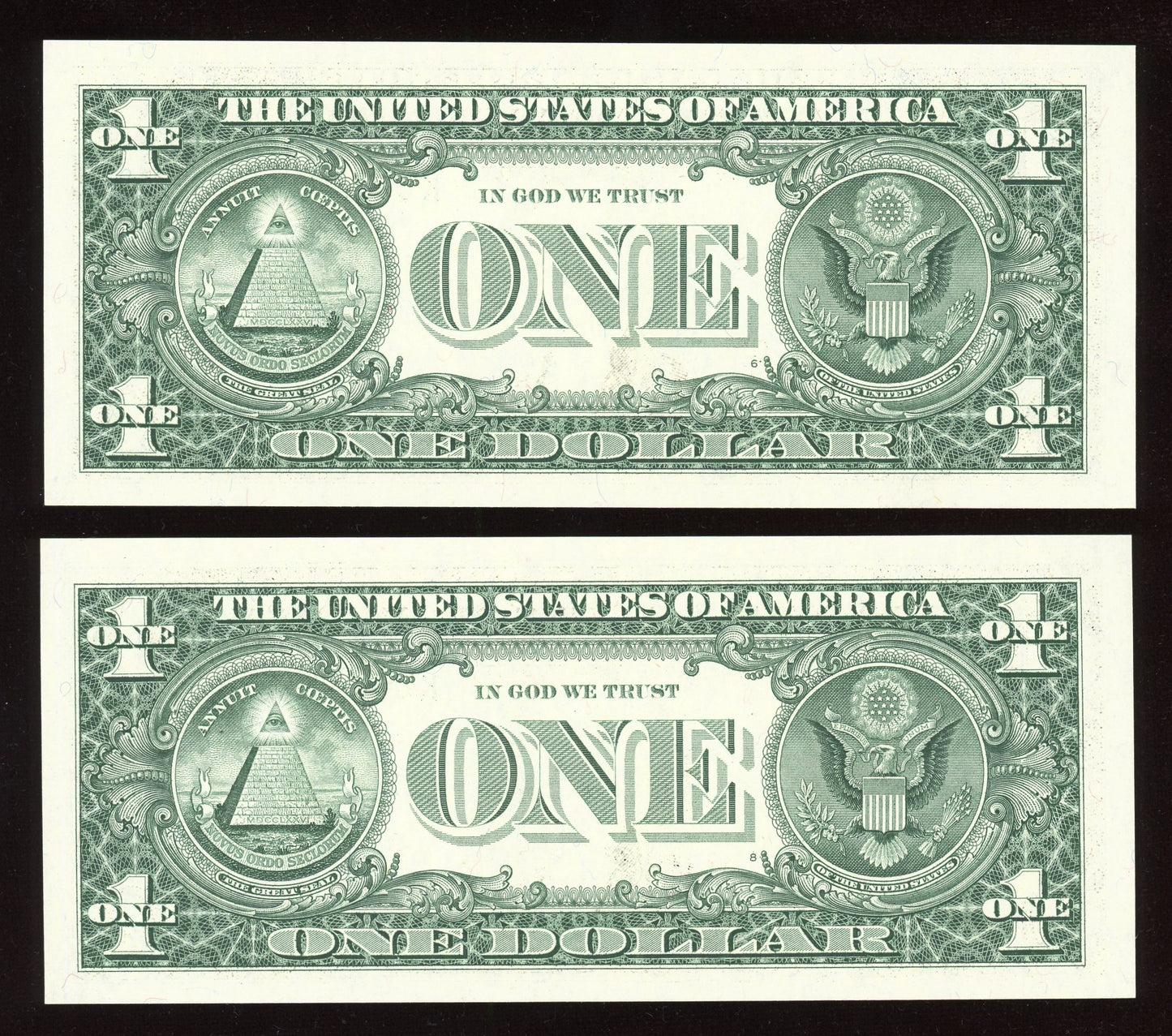Beautiful Set of Two Crisp Uncirculated Fancy Low Serial 1999 $1 Notes 00000XXX