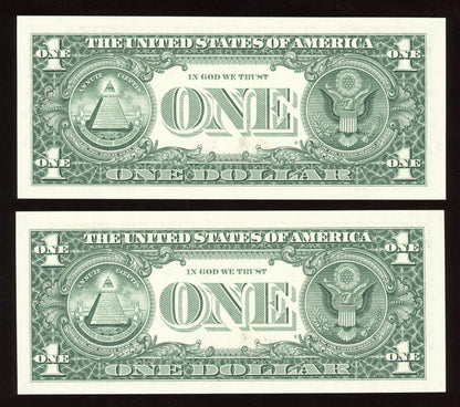 Beautiful Set of Two Crisp Uncirculated Fancy Low Serial 1999 $1 Notes 00000XXX