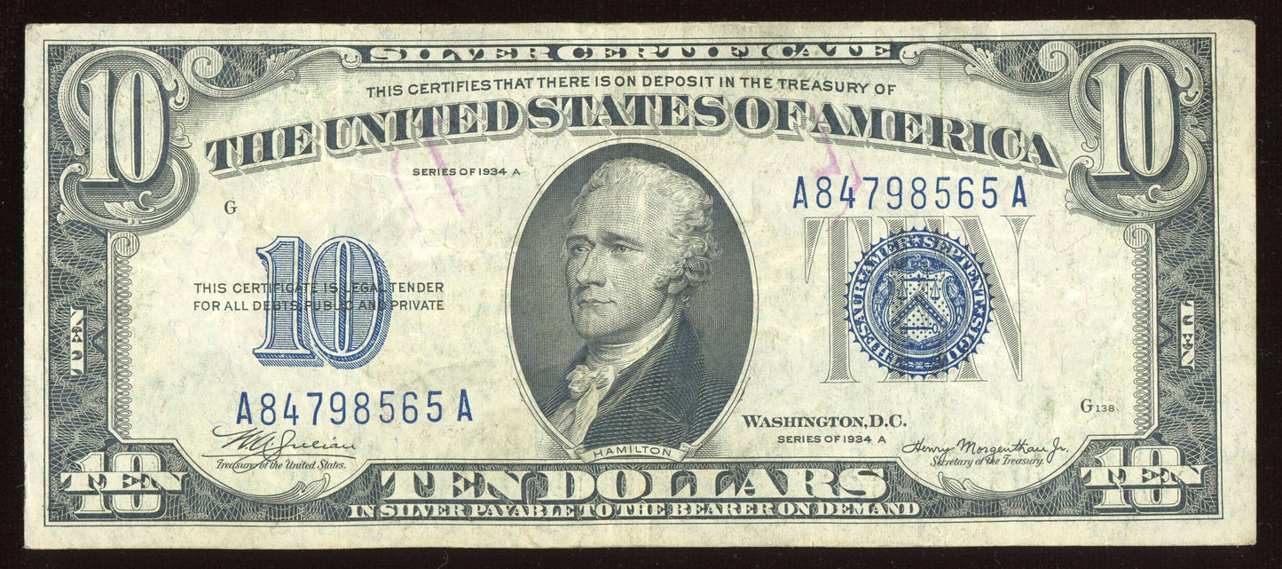 1934 Ten Dollar $10 Blue Seal