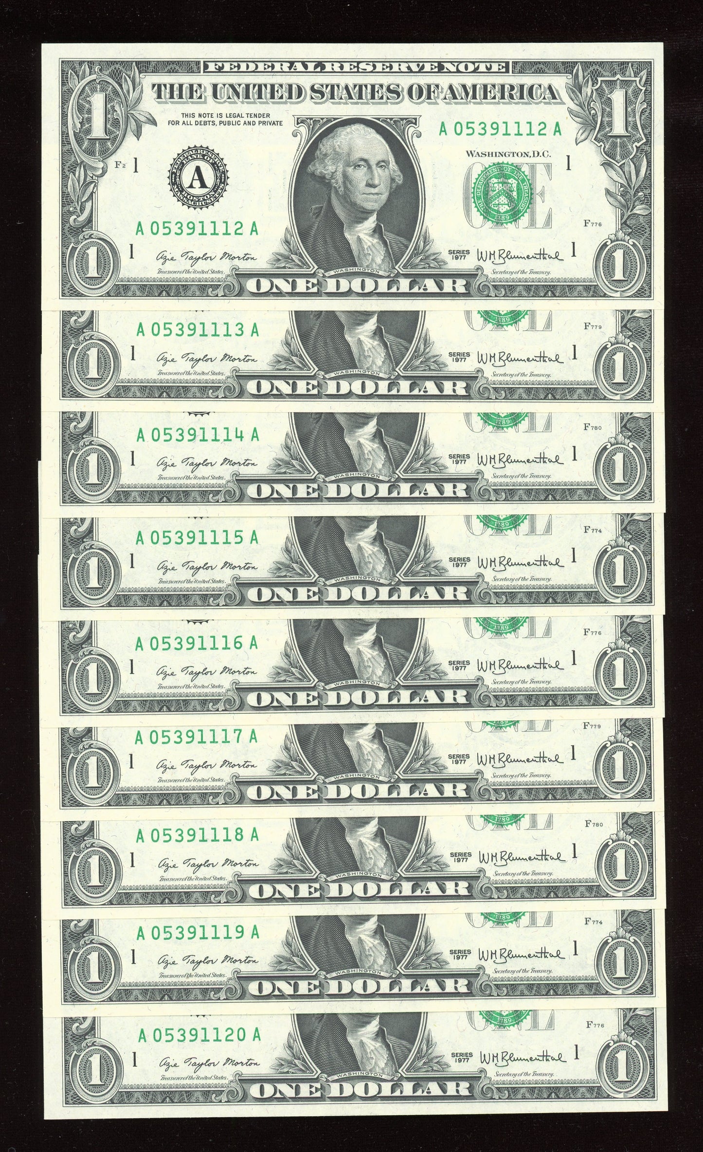 Beautiful Set of 9 Crisp Consecutive Serial 1977 $1 Notes