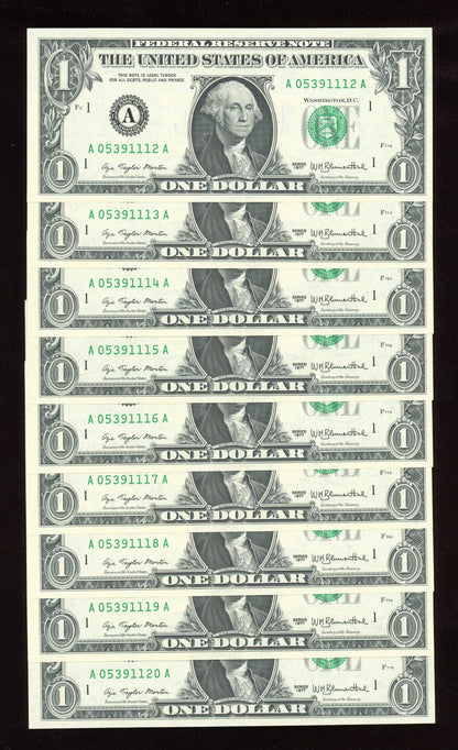Beautiful Set of 9 Crisp Consecutive Serial 1977 $1 Notes