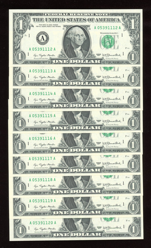 Beautiful Set of 9 Crisp Consecutive Serial 1977 $1 Notes