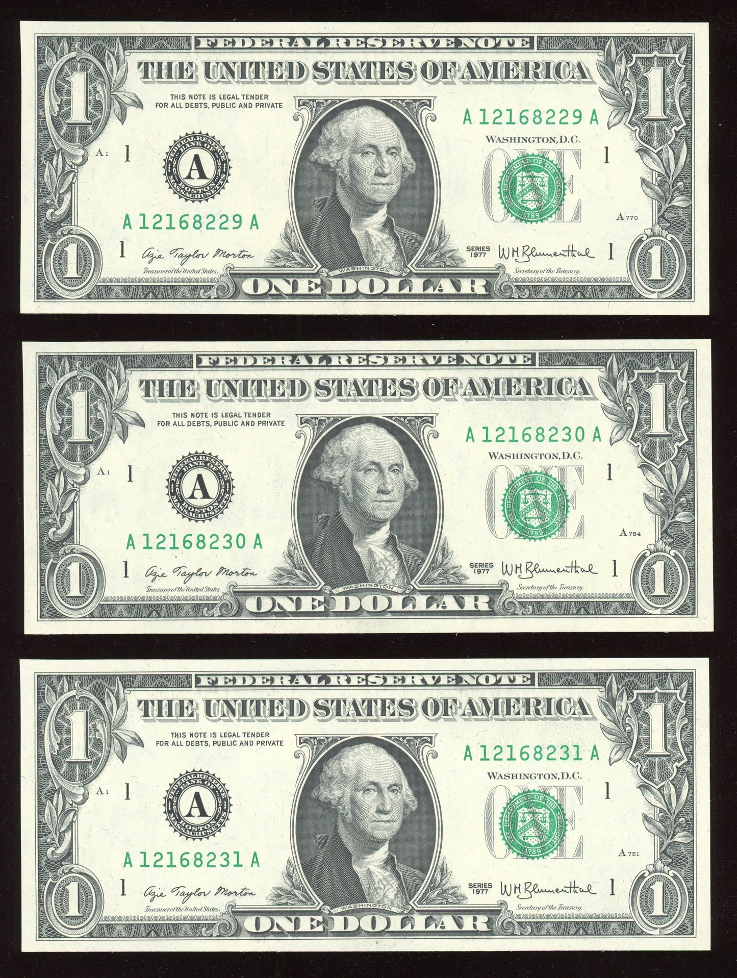 Beautiful Set of 3 Crisp Consecutive Serial 1977 $1 Notes