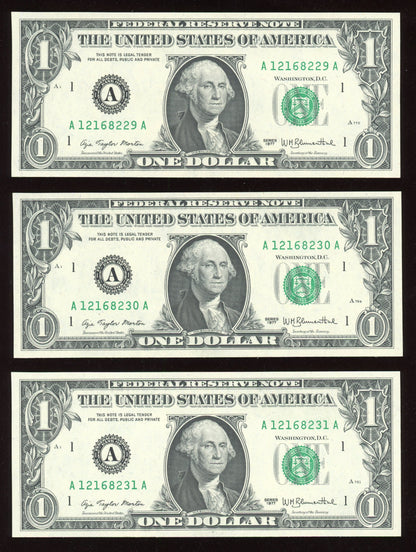 Beautiful Set of 3 Crisp Consecutive Serial 1977 $1 Notes