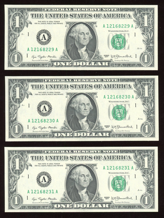 Beautiful Set of 3 Crisp Consecutive Serial 1977 $1 Notes