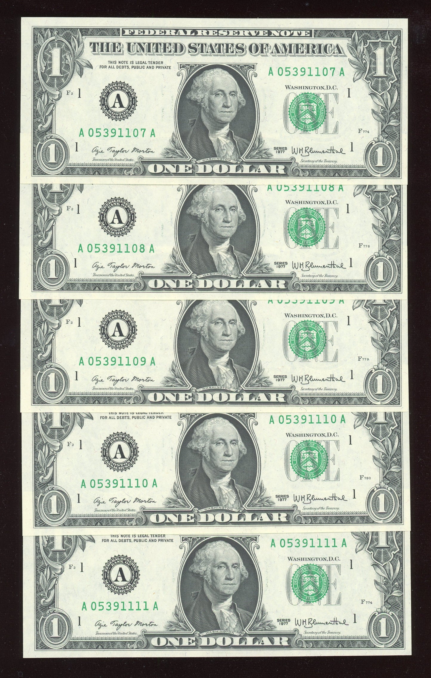 Beautiful Set of 5 Crisp Consecutive Serial 1977 $1 Notes